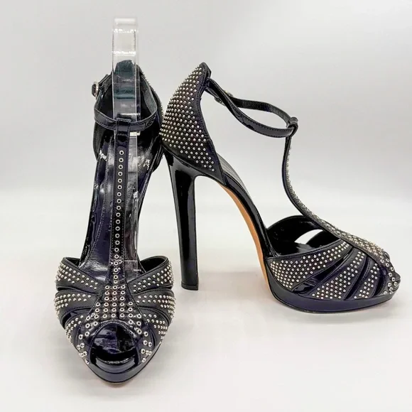 ALEXANDER McQUEEN Black Studded Leather Peep-Toe T-Bar Platform Heel Size: 8.5 - Picture 4 of 5